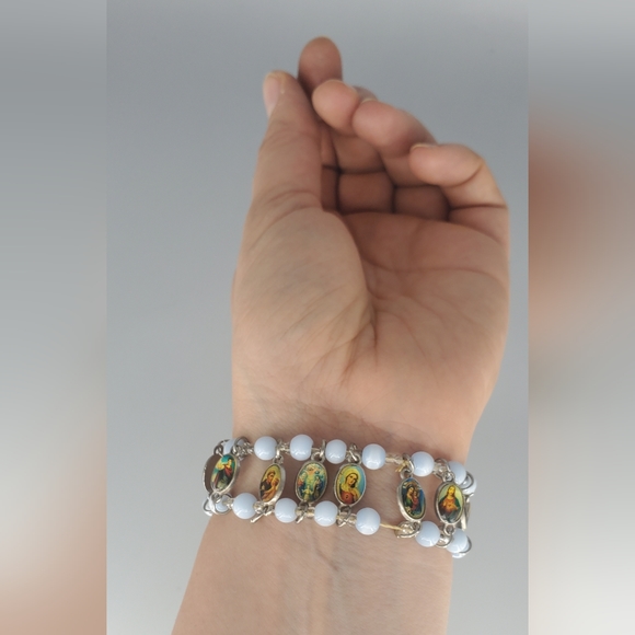 Milky White Studded Earrings and Religious Catholic Saint Bracelet Set - Picture 4 of 9